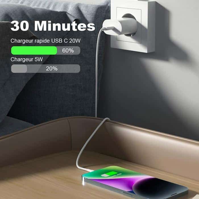 Chargeur iPhone 20W Type-C Lightning Tête + Câble - صورة 6